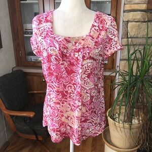 KIM ROGERS SIZE LARGE BRIGHT VIBRANT RED & PINK SQUARE NECK TOP WITH CAP SLEEVES